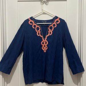 Lilly Pulitzer tunic top with deep V and stunning coral & gold embroidery. L